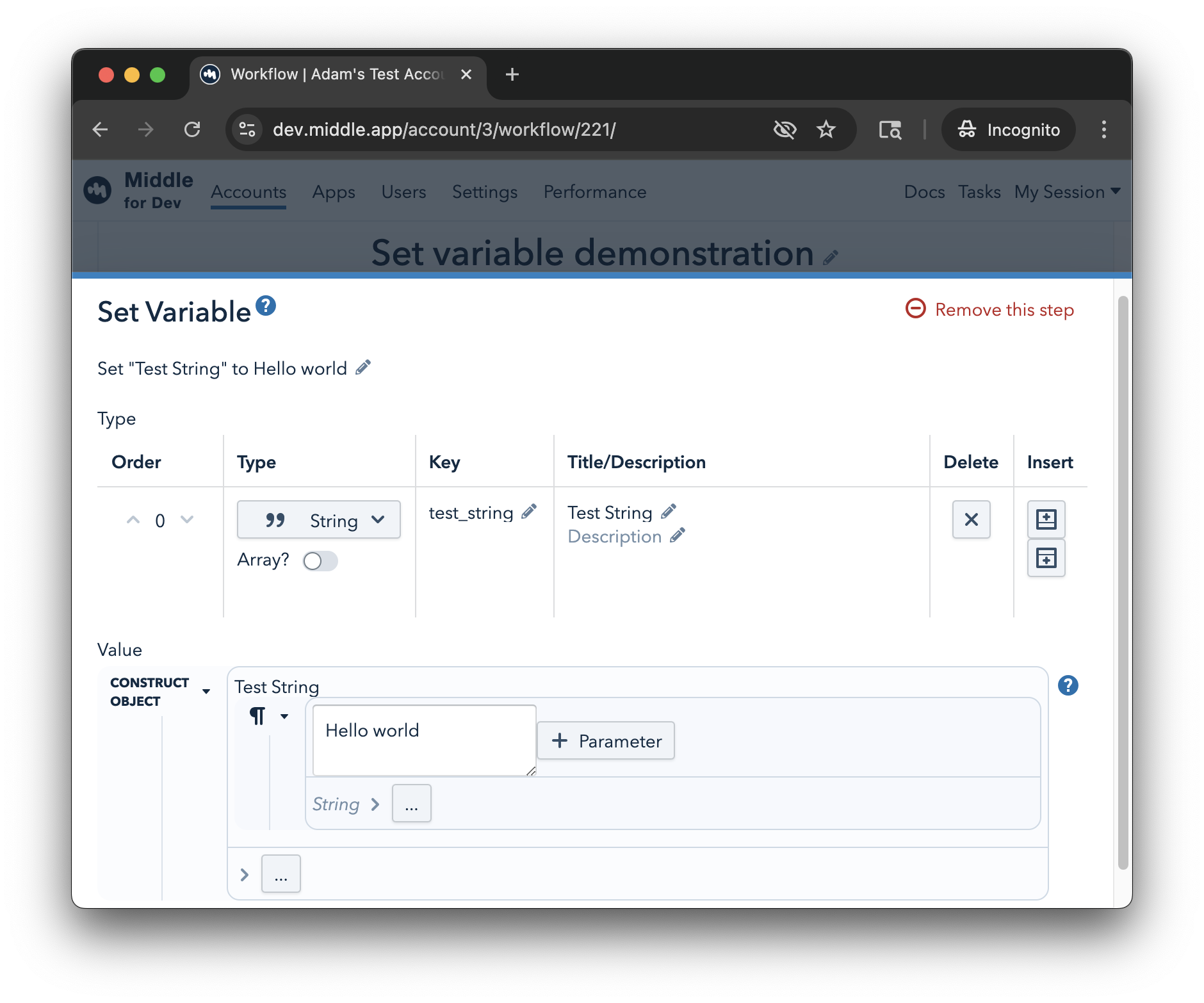 The drawer shows a "Type" and "Value" section, which needs to be completed.